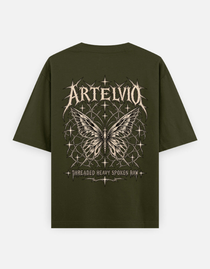 Artelvio Butterfly Eclipse oversized olive green t-shirt with celestial butterfly back graphic