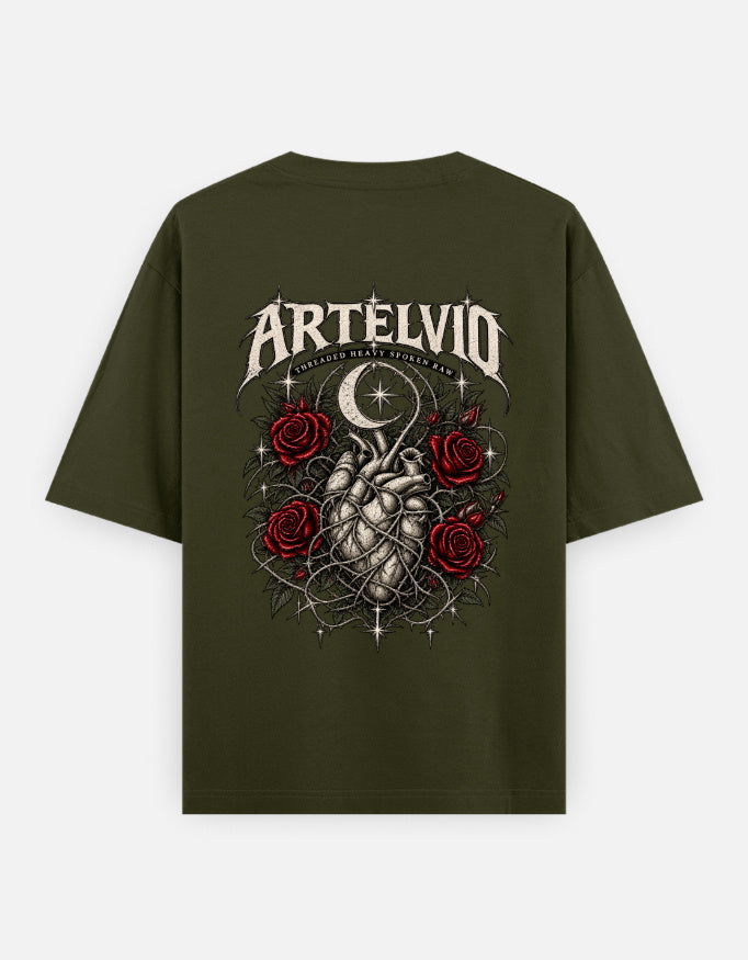 ARTELVIO Thorner Hearts oversized T-shirt in olive green with full-back thorned heart, red roses and crescent moon graphic