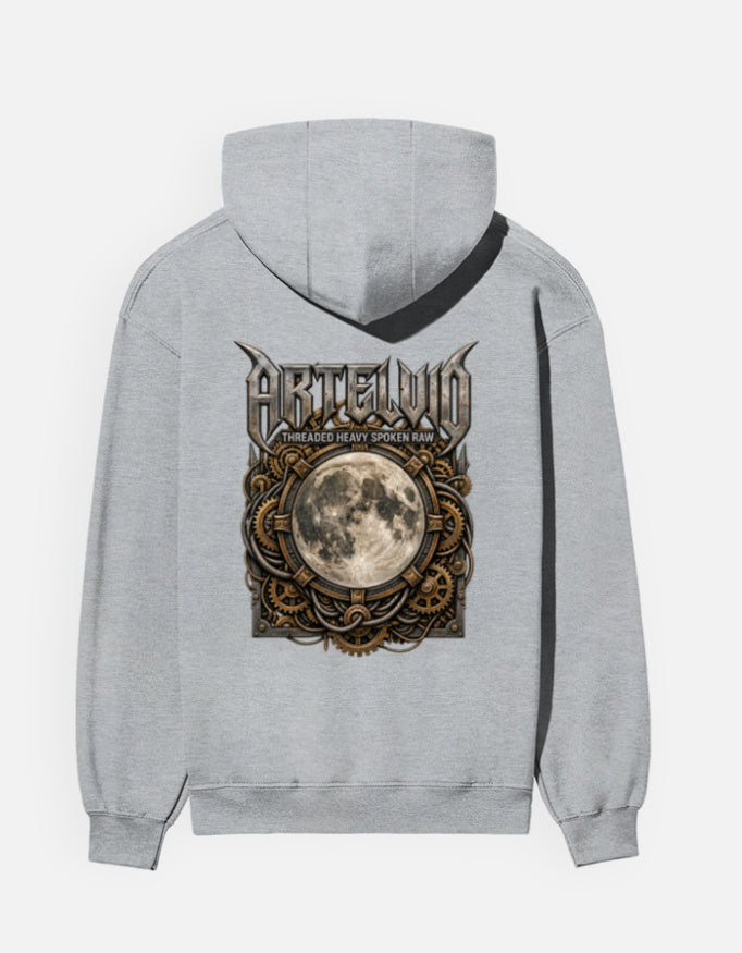 ARTELVIO Lunar Relic graphic hoodie grey back with ornate full moon design