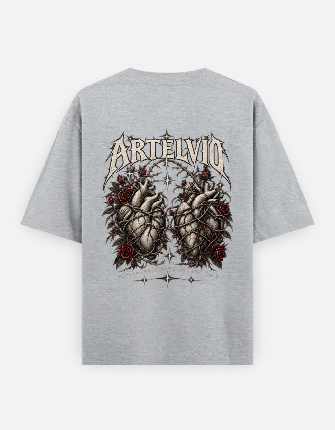 ARTELVIO Sacred Heart oversized T-shirt in grey melange, back view with anatomical heart and rose graphic