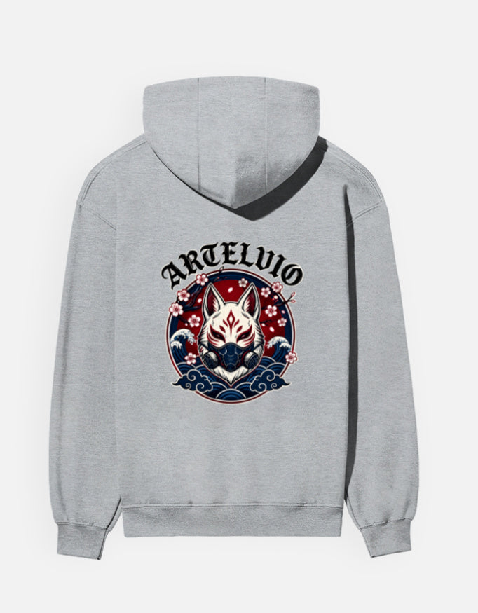 ARTELVIO Japanese fox graphic with waves and floral artwork on grey hoodie back