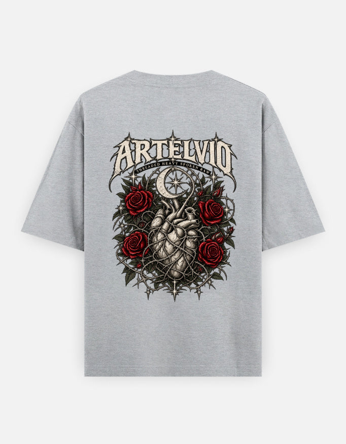 ARTELVIO Thorner Hearts oversized T-shirt in grey melange with full-back thorned heart, red roses and crescent moon graphic