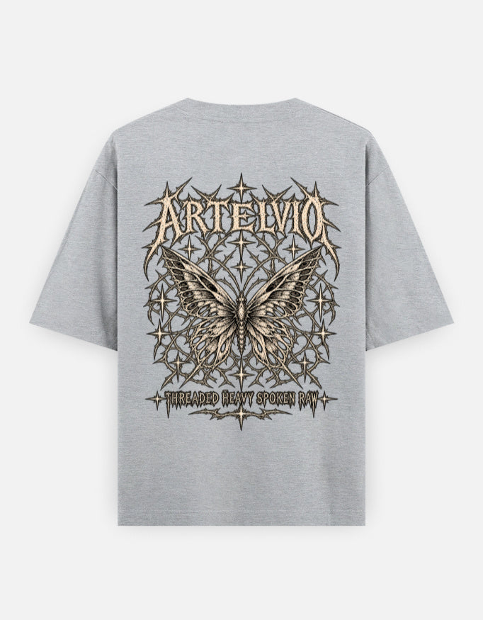 Artelvio Butterfly Eclipse oversized grey melange t-shirt with celestial butterfly back graphic