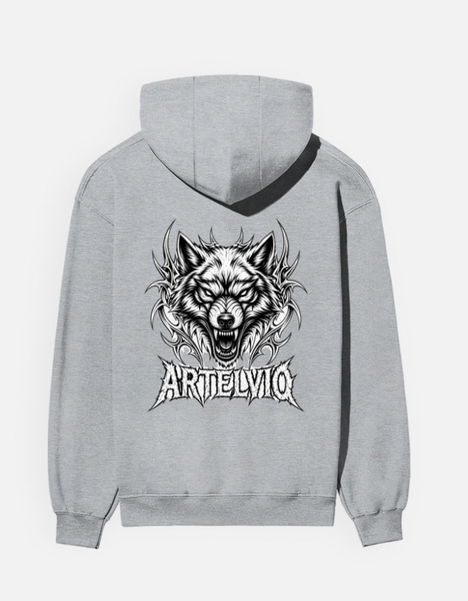 Grey Artelvio Gothic Wolf Unisex Hoodie with Gothic back design