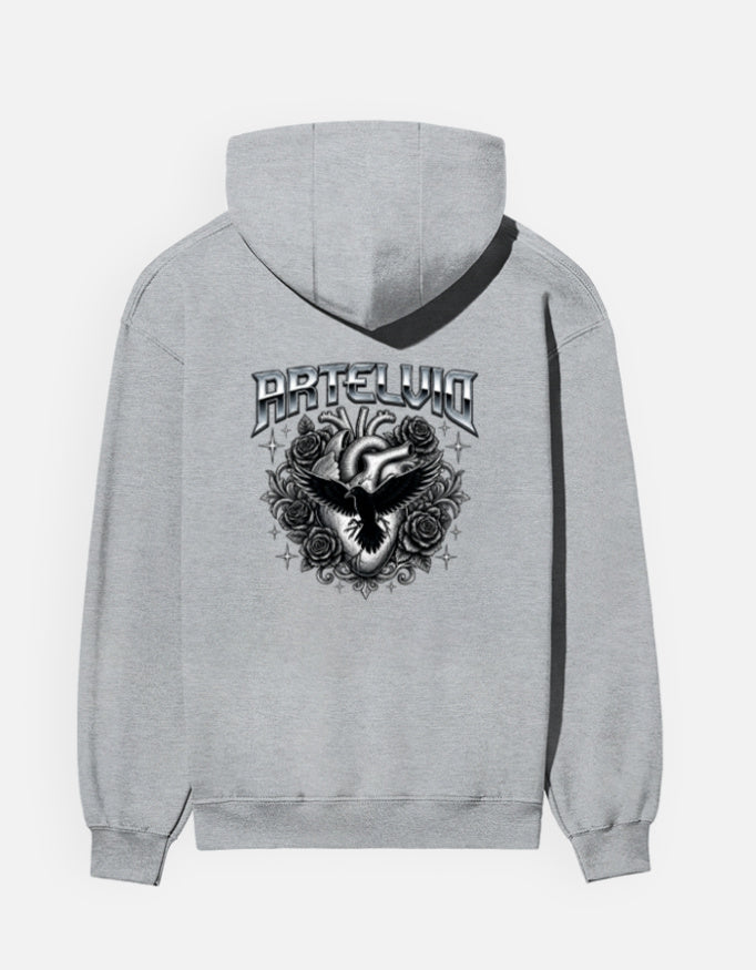 ARTELVIO Gothic Raven and rose graphic on grey unisex hoodie back