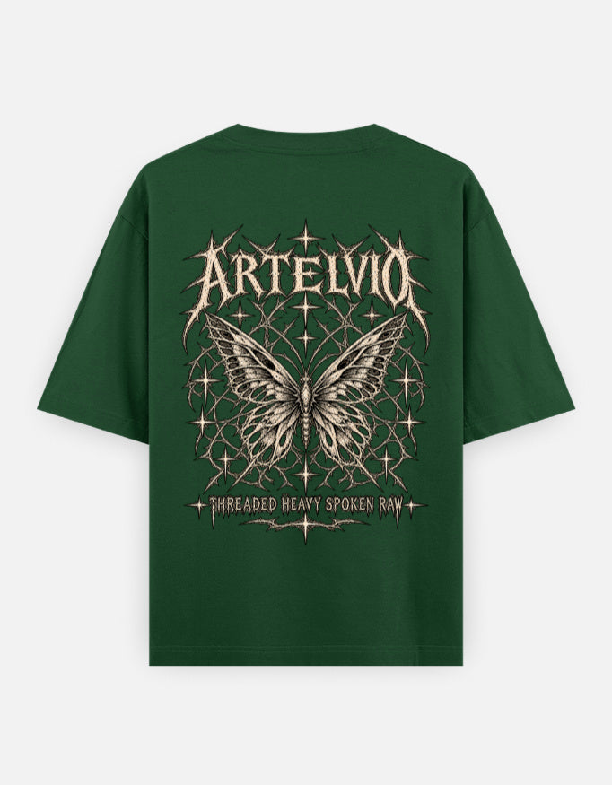 Artelvio Butterfly Eclipse oversized bottle green t-shirt with celestial butterfly back graphic