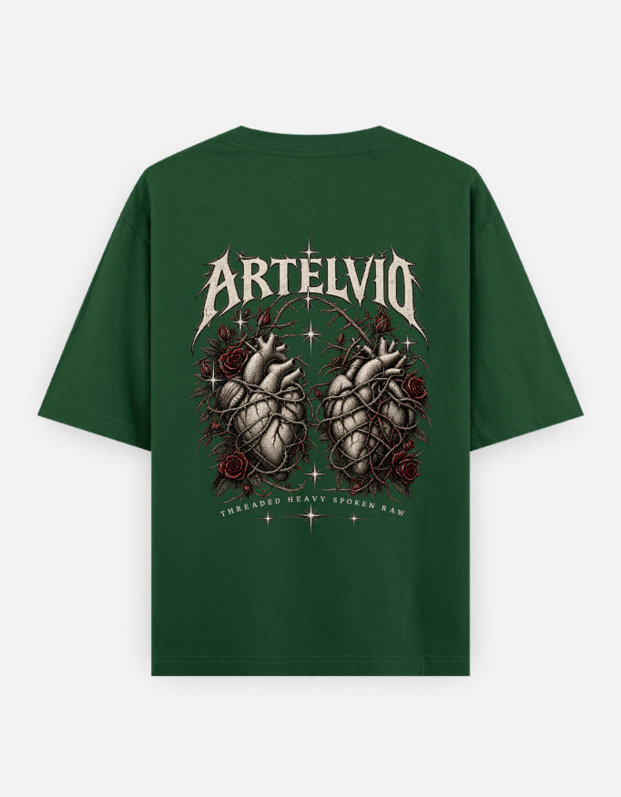 ARTELVIO Sacred Heart oversized T-shirt in bottle green, back view with anatomical heart and rose graphic