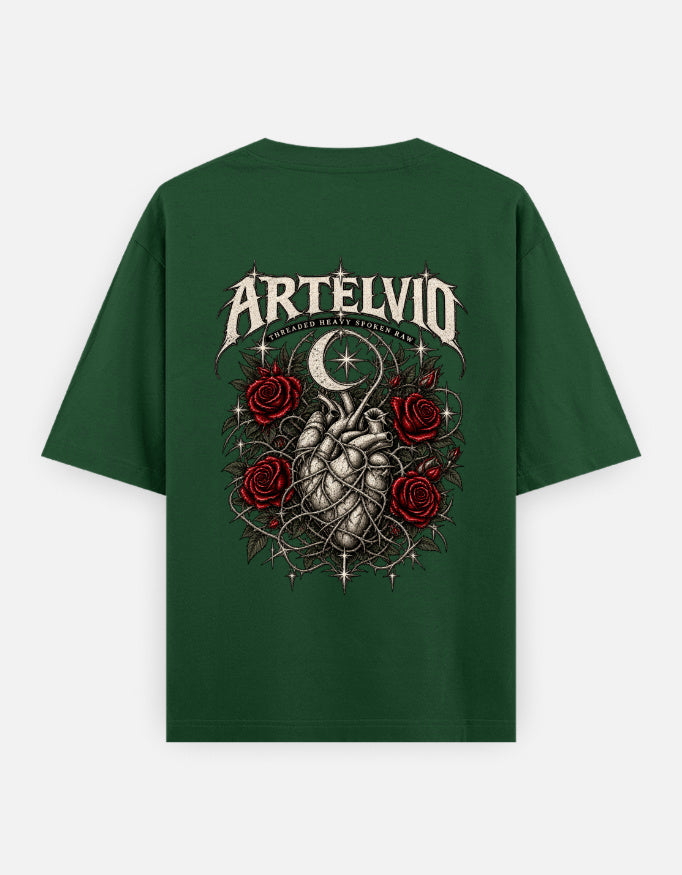 ARTELVIO Thorner Hearts oversized T-shirt in bottle green with full-back thorned heart, red roses and crescent moon graphic