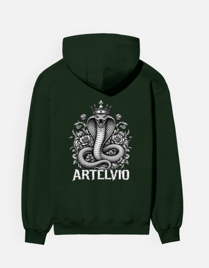 ARTELVIO Crown Cobra bottle green hoodie with crowned snake graphic on back