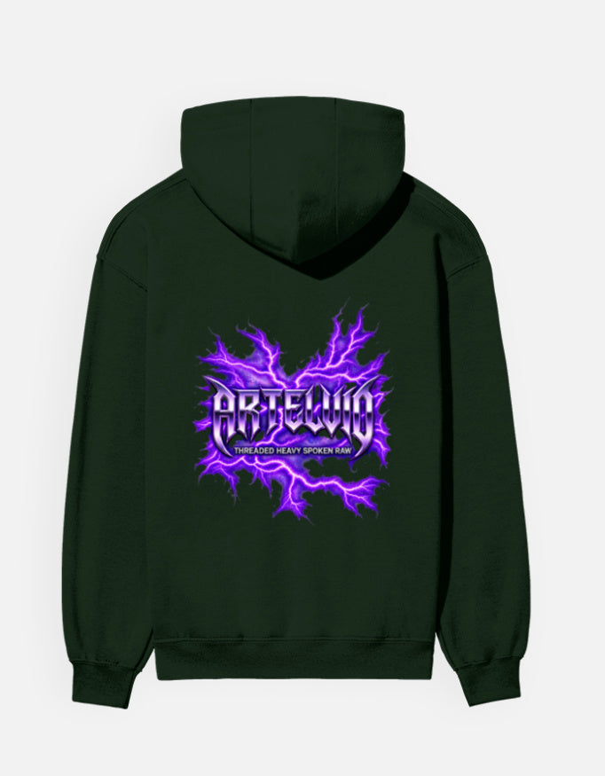 Bottle Green ARTELVIO Electric Pulse Hoodie with purple electric graphic on back