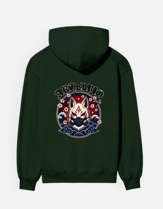 ARTELVIO Japanese fox graphic with waves and floral artwork on bottle green hoodie back