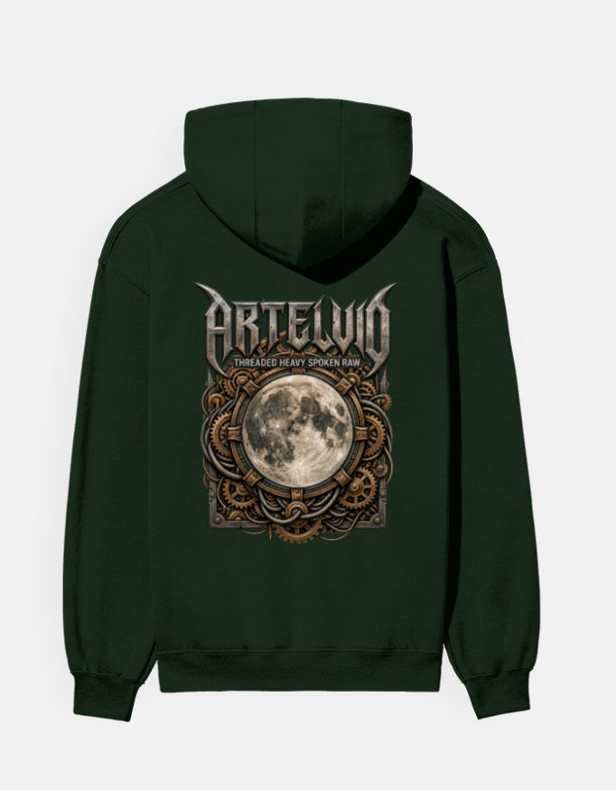 ARTELVIO Lunar Relic graphic hoodie bottle green back with ornate full moon design