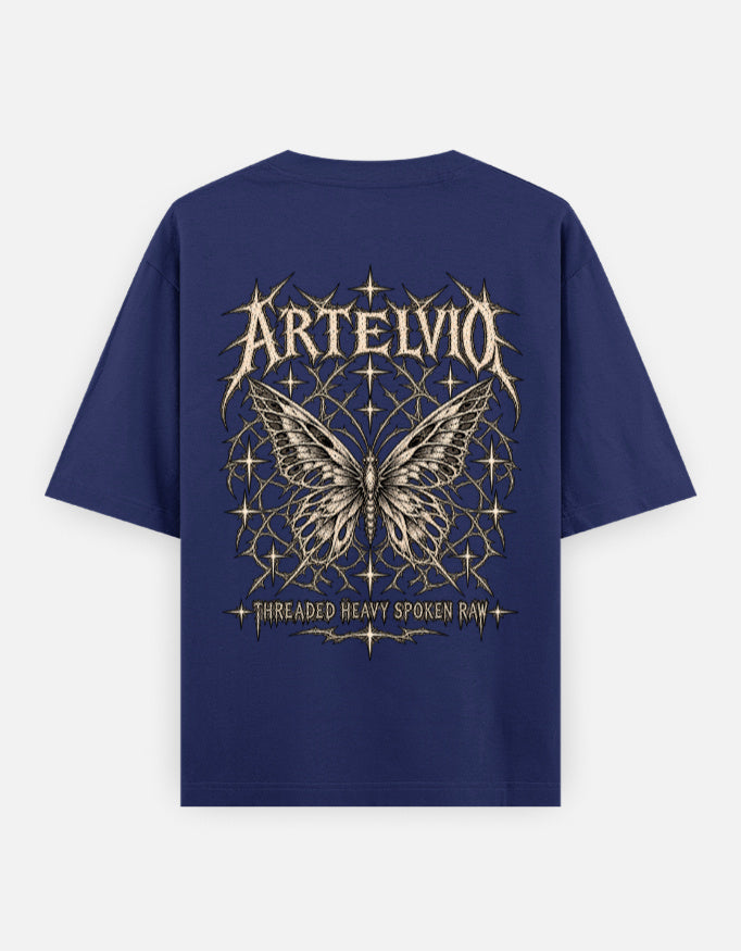 Artelvio Butterfly Eclipse oversized royal blue t-shirt with celestial butterfly back graphic