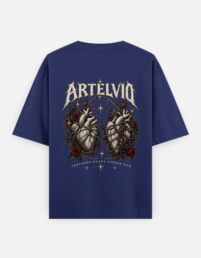 ARTELVIO Sacred Heart oversized T-shirt in royal blue, back view with anatomical heart and rose graphic