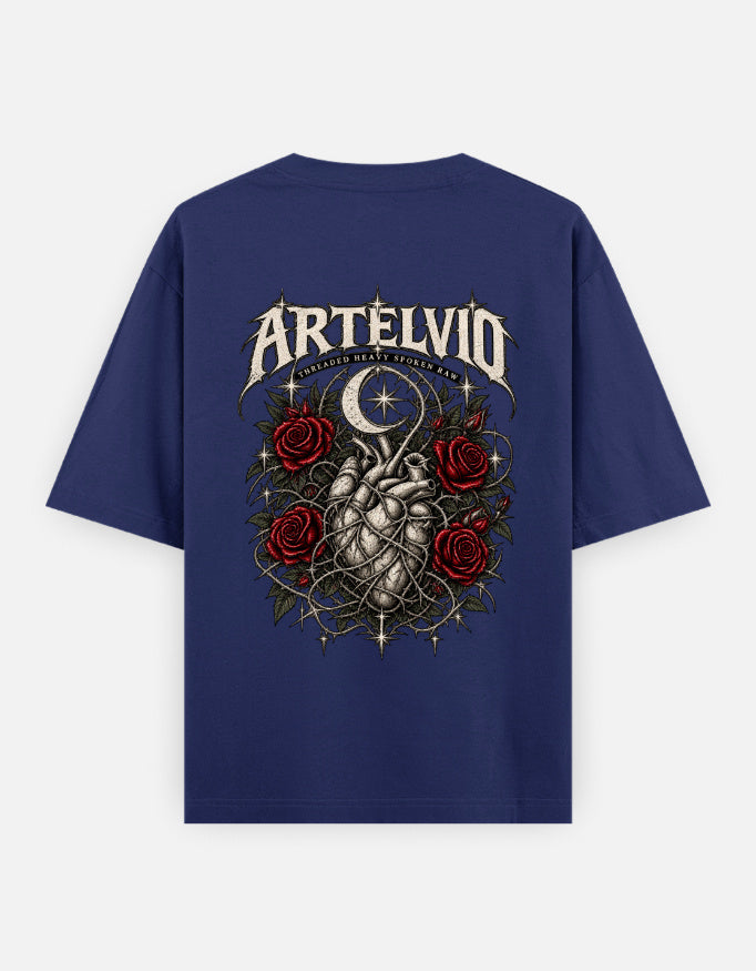 ARTELVIO Thorner Hearts oversized T-shirt in royal blue with full-back thorned heart, red roses and crescent moon graphic