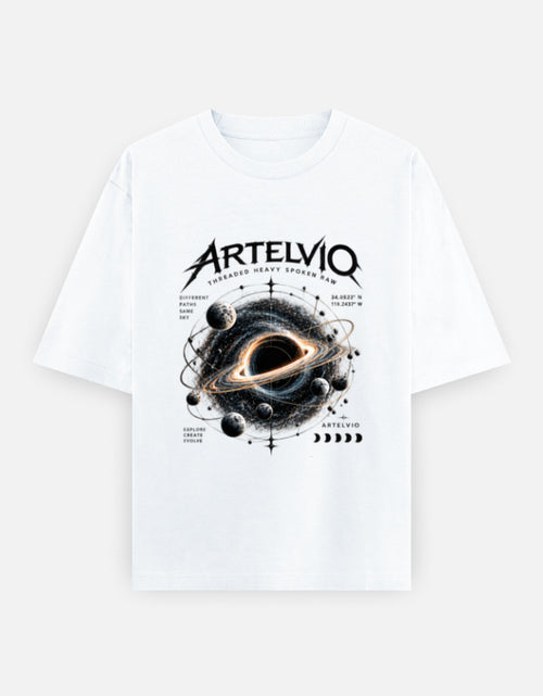 ARTELVIO COSMIC GRAVITY oversized white T-shirt with cosmic black hole graphic