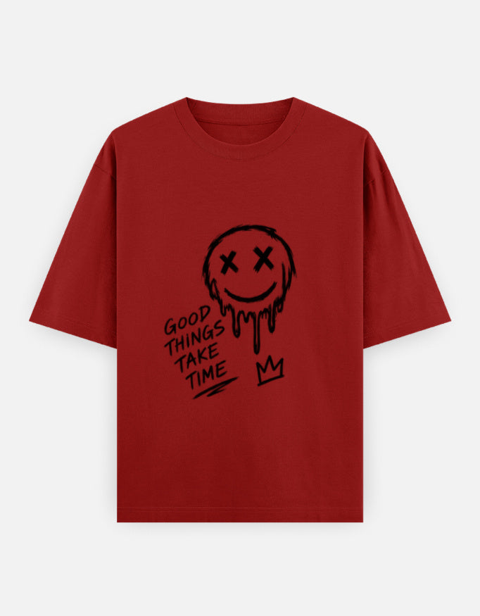 Artelvio The Wait oversized graphic t-shirt in red with hand-drawn Good Things Take Time design