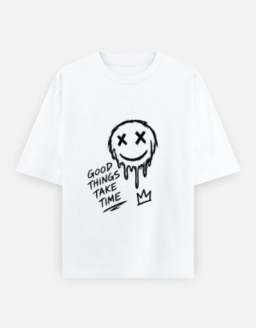 Artelvio The Wait oversized graphic t-shirt in white with hand-drawn Good Things Take Time design