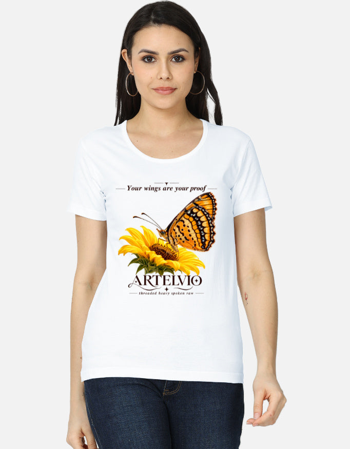 ARTELVIO white women's t-shirt with butterfly and sunflower graphic on the front