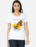 ARTELVIO white women's t-shirt with butterfly and sunflower graphic on the front