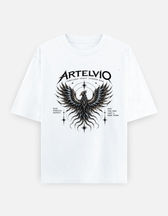 ARTELVIO Phoenix Rebirth oversized white heavyweight T-shirt with phoenix graphic