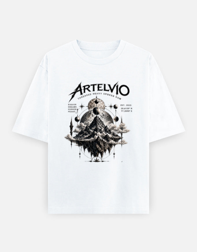 ARTELVIO COSMIC PEAKS oversized white T-shirt with mountain and celestial graphic