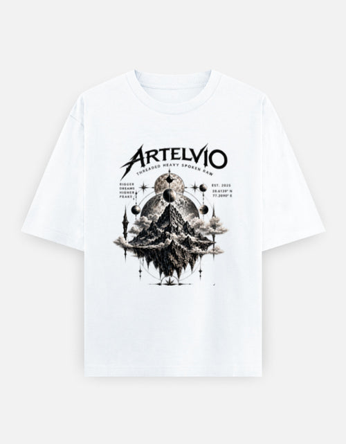 ARTELVIO COSMIC PEAKS oversized white T-shirt with mountain and celestial graphic