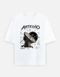 ARTELVIO Signal From Beyond oversized white T-shirt with satellite dish graphic, 240 GSM heavyweight cotton