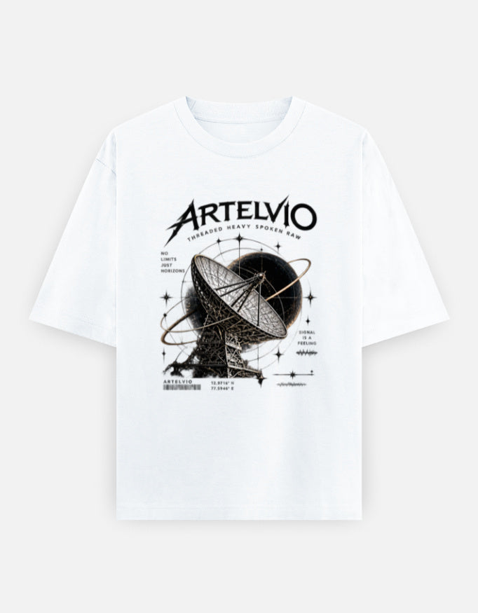 ARTELVIO Signal From Beyond oversized white T-shirt with satellite dish graphic, 240 GSM heavyweight cotton