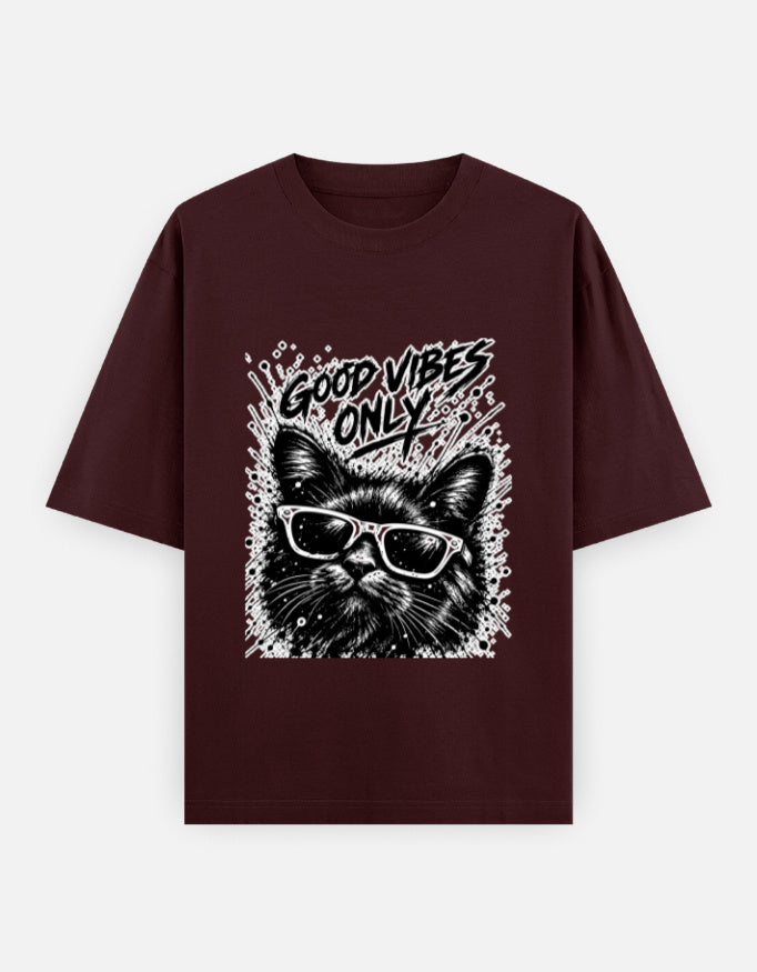 Artelvio GOOD VIBES ONLY oversized t-shirt in maroon with cat graphic