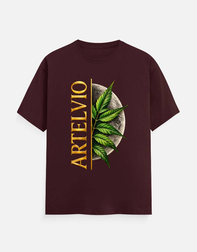 ARTELVIO Lunar Botanica Tee in maroon with green botanical leaves, full moon graphic, and vertical ARTELVIO typography