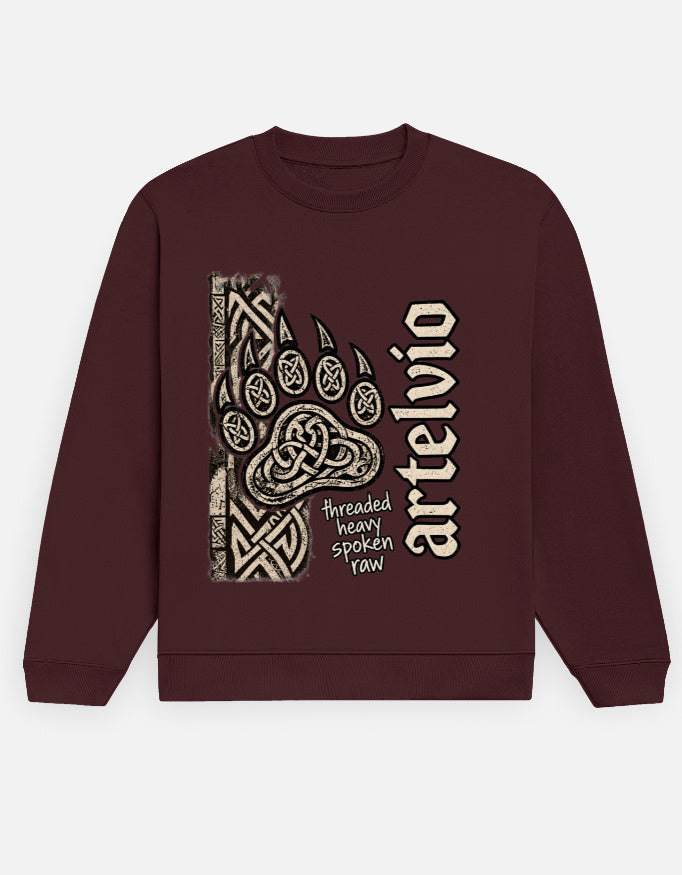 ARTELVIO THREADBOUND Men's Maroon Sweatshirt with knotwork-inspired graphic and vertical lettering