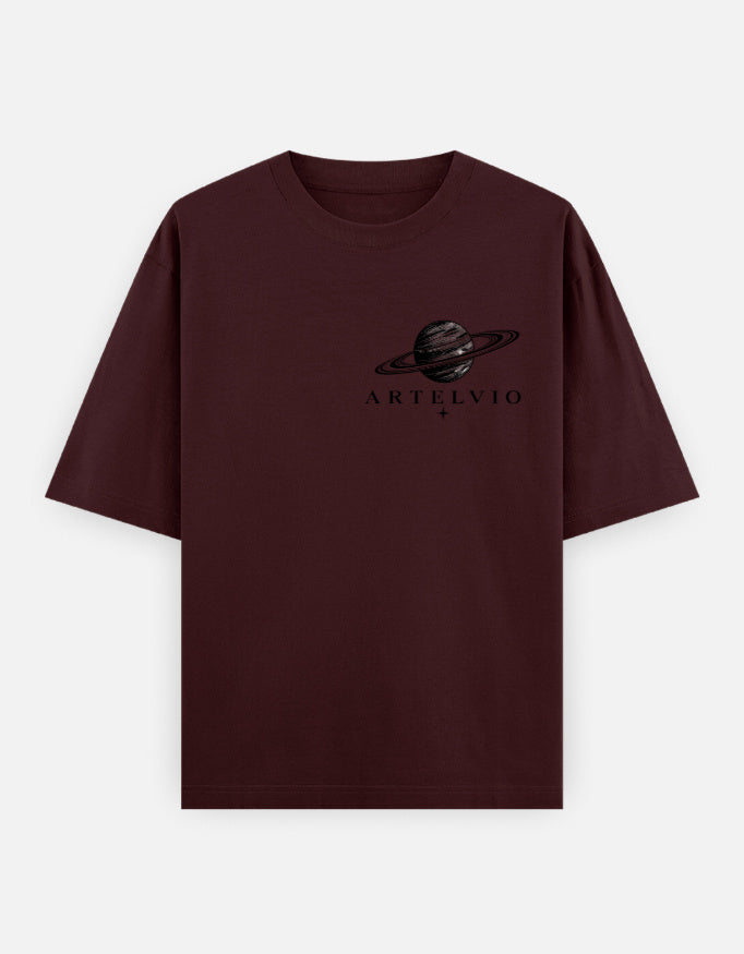 Artelvio Eclipse Wings oversized women's tee in maroon with signature planet crest graphic on front