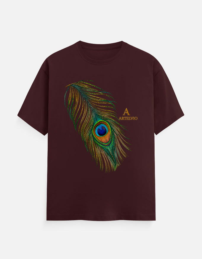 ARTELVIO Peacock Essence Tee in maroon with a detailed colorful peacock feather graphic.