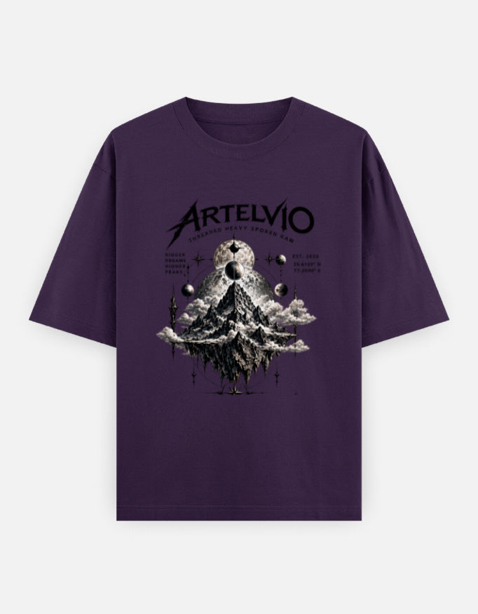 ARTELVIO COSMIC PEAKS oversized purple T-shirt with mountain and celestial graphic