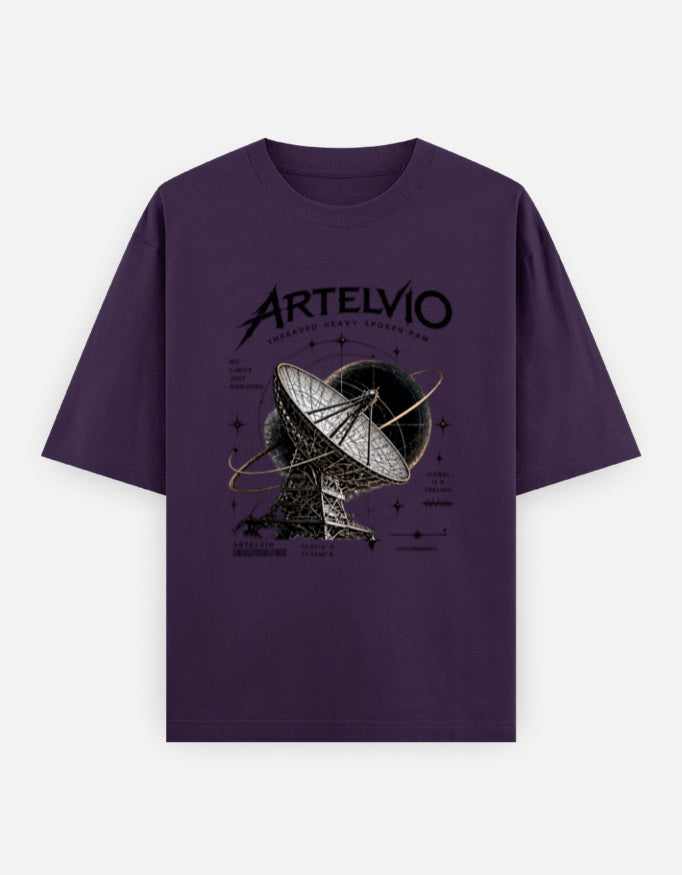 ARTELVIO Signal From Beyond oversized purple T-shirt with satellite dish graphic, 240 GSM heavyweight cotton