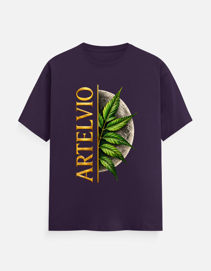 ARTELVIO Lunar Botanica Tee in purple with green botanical leaves, full moon graphic, and vertical ARTELVIO typography