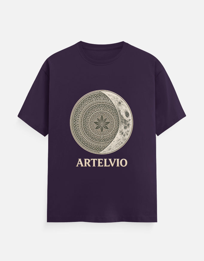 ARTELVIO Celestial Mandala Tee in purple with a celestial mandala sun and crescent moon graphic on the front