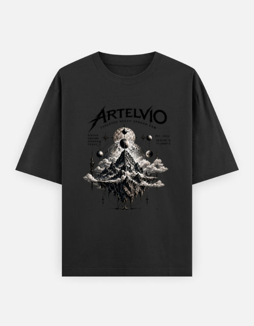 ARTELVIO COSMIC PEAKS oversized black T-shirt with mountain and celestial graphic