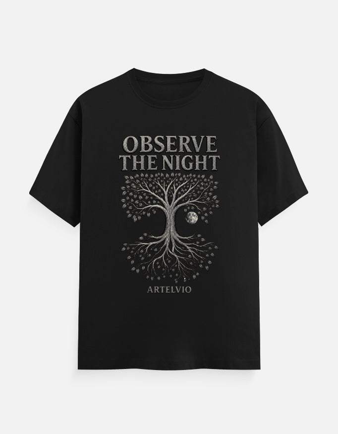 ARTELVIO Nocturne Tree of Life Tee in black with Tree of Life, moon, and “OBSERVE THE NIGHT” graphic
