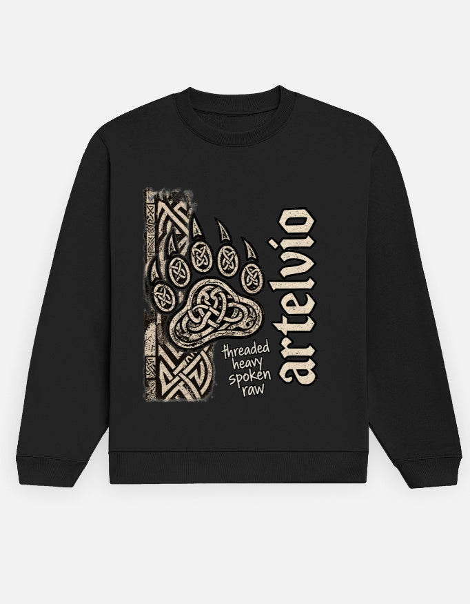 ARTELVIO THREADBOUND Men's Black Sweatshirt with knotwork-inspired graphic and vertical lettering