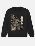 ARTELVIO THREADBOUND Men's Black Sweatshirt with knotwork-inspired graphic and vertical lettering