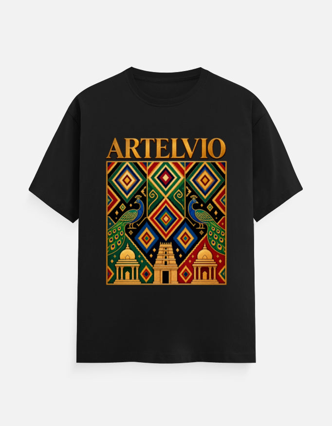 ARTELVIO Peacock Heritage Luxe Tee in black with colorful Indian-inspired geometric peacock artwork on the front and plain back