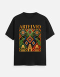 ARTELVIO Peacock Heritage Luxe Tee in black with colorful Indian-inspired geometric peacock artwork on the front and plain back