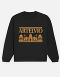 ARTELVIO Imperial Heritage black sweatshirt featuring antique-gold Indian-inspired architectural artwork.