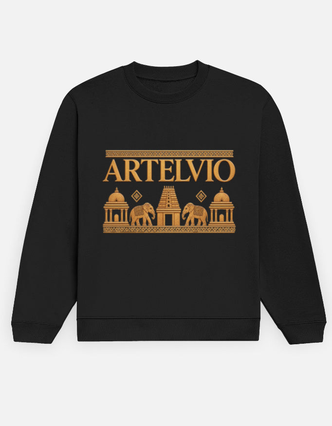 ARTELVIO Imperial Heritage black sweatshirt featuring antique-gold Indian-inspired architectural artwork.