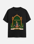ARTELVIO Krishna and Peacock Heritage graphic printed on the front of a black cotton T-shirt