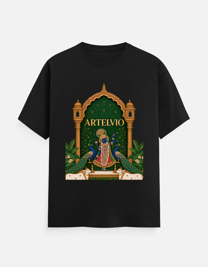 ARTELVIO Krishna and Peacock Heritage graphic printed on the front of a black cotton T-shirt