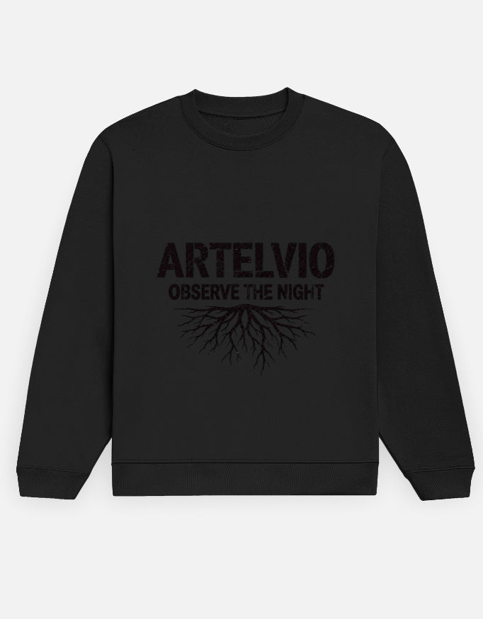 ARTELVIO Observe the Night Men's Black Sweatshirt with tree-root graphic and bold front typography

