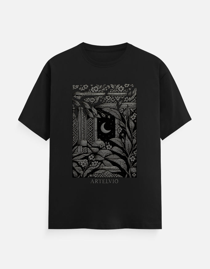 ARTELVIO Moonlit Heritage Tee in black with a moonlit heritage architecture graphic on the front.
